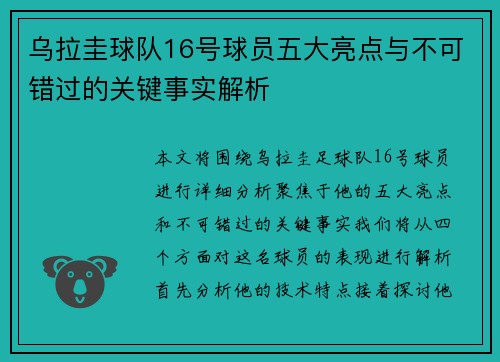 乌拉圭球队16号球员五大亮点与不可错过的关键事实解析